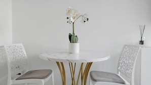 A round table with a white marble top, two chairs with gold legs, and a white orchid in a white pot. - Studio Apartment 'Cosy and Central' with Wi-Fi and Air Conditioning (Nice)