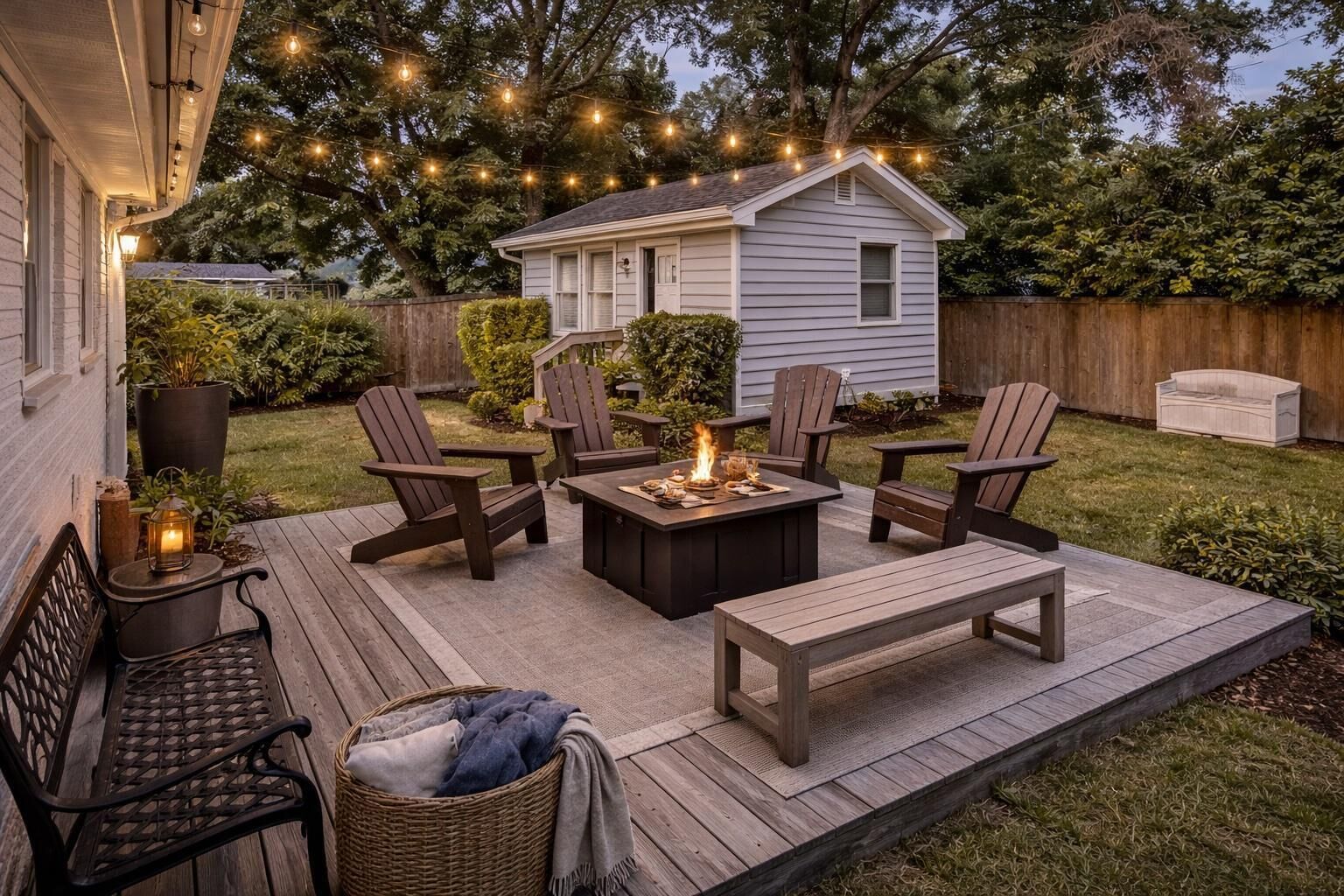 A deck with outdoor furniture, a fire pit, and string lights.
