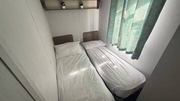 A compact room with two single beds, a shelf with potted plants, and a window with curtains.
