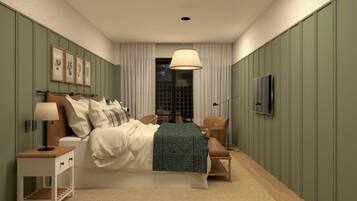 Un dormitorio con cama, mesitas de noche, una silla, televisor y ventana con cortinas.