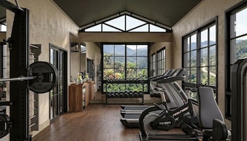 Un gimnasio con equipo de ejercicio, ventanas amplias y vistas a montañas.