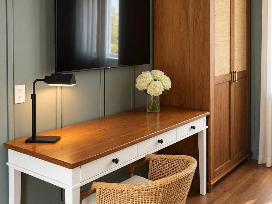 A room with a wooden desk, a television mounted on the wall, a cabinet, and a wicker chair.