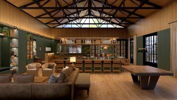 A modern interior with a bar area, seating, and a high ceiling with exposed beams.