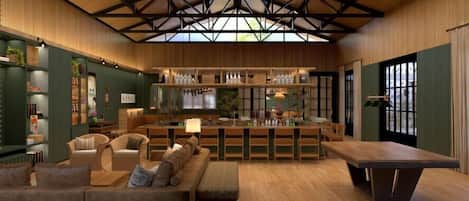 A modern interior with a bar area, seating, and a high ceiling with exposed beams.