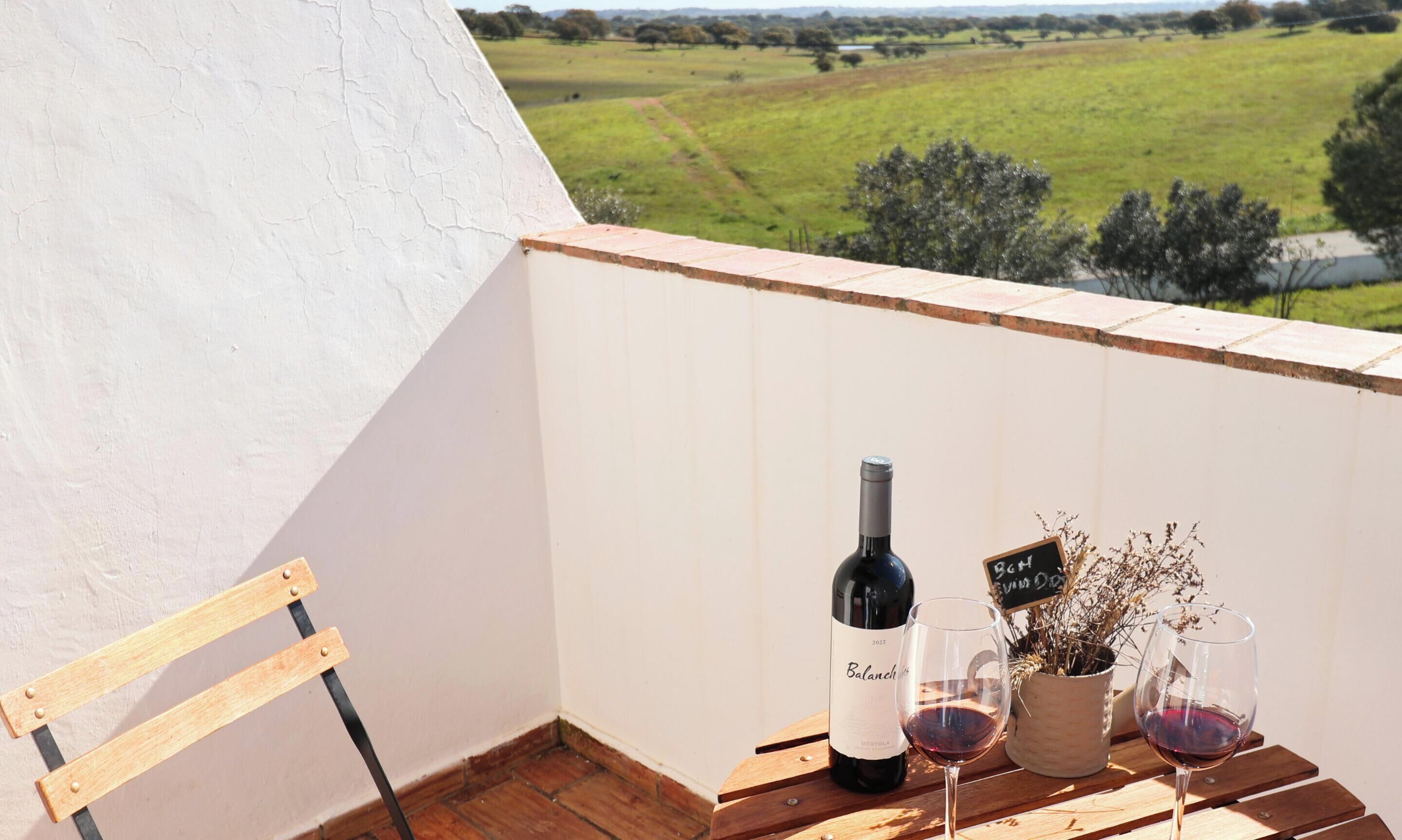 A balcony with a wine bottle and glasses, a wooden chair, and a view of a green landscape.