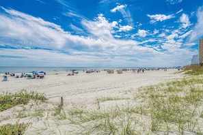 A beach with sand, grass, and a clear sky. - Swell House-2.5 Blocks to Ocean-pet Friendly (Myrtle Beach)