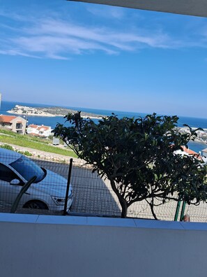 A coastal view with a clear sky, a tree in the foreground, and buildings along the shoreline.