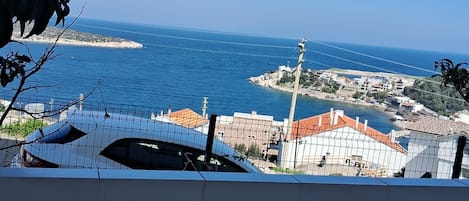 A coastal view with a clear sky, a body of water, and a distant island.
