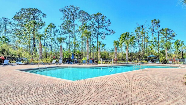 A rectangular swimming pool with a brick deck, surrounded by tall trees and lounge chairs. - Upstay Tropical Style Family Condo w Pool (Winter Garden)