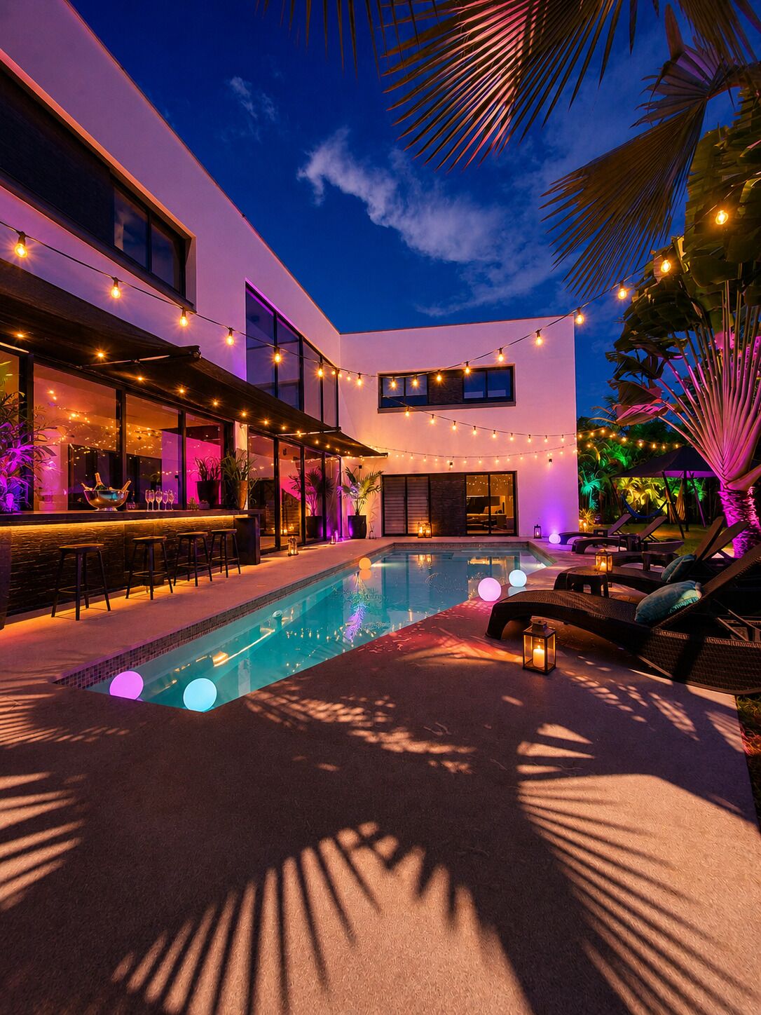 A modern outdoor pool area with a bar, lounge chairs, and string lights.