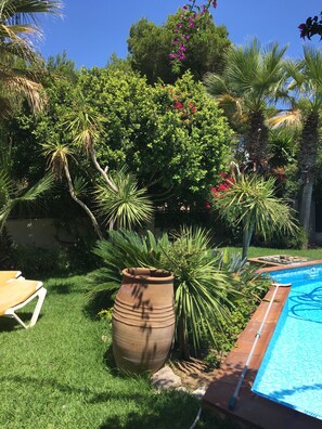 A backyard with a swimming pool, a large terracotta pot, and various tropical plants. - CAN SERENA. CAN PICAFORT. MALLORCA. NEAR THE BEACH (Can Picafort)