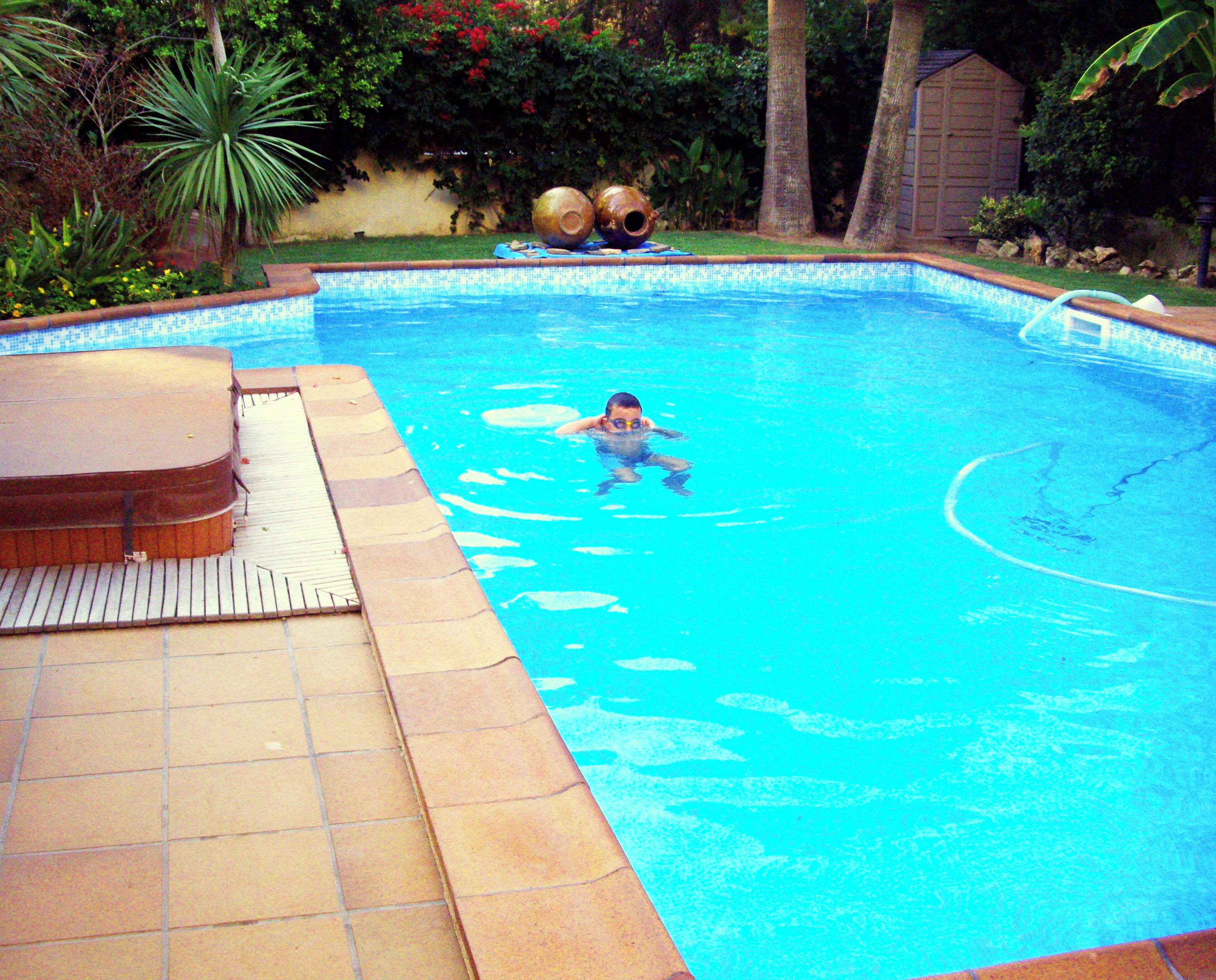 Ein Schwimmbad mit gefliestem Deck und einem kleinen Schuppen im Hintergrund.