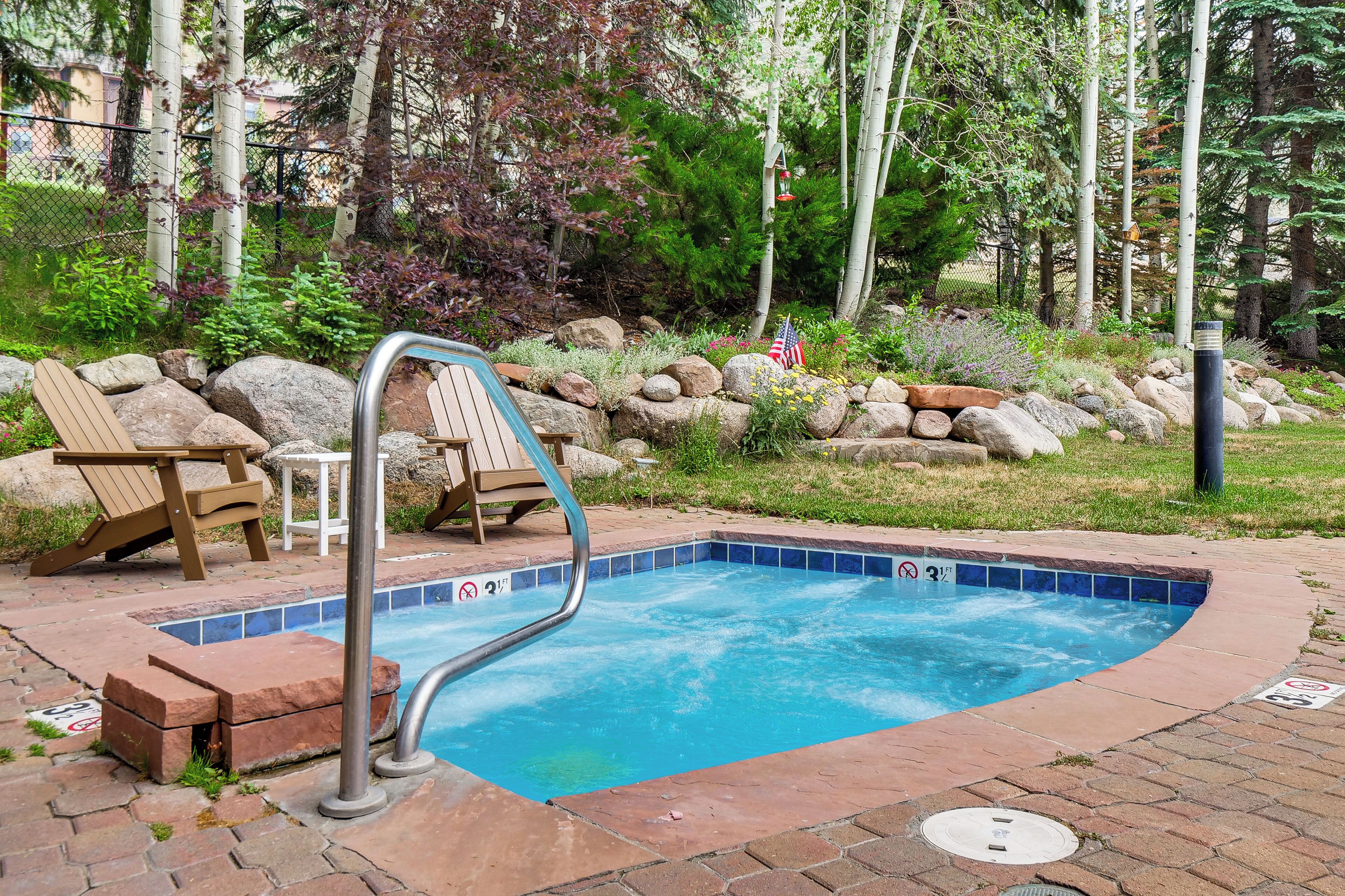 A swimming pool with a metal ladder, surrounded by rocks and greenery, with lounge chairs and a flag.