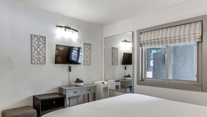 Quarto de hotel com uma cama, televisão, penteadeira, espelho e janela com vista.
