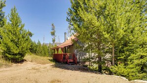 Un rustico chalet con una veranda in legno, circondato da fitti alberi sempreverdi.