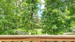 A wooden deck with a view of a park with trees and a grassy area. - Golf Getaway w/ Fairway Views Near Table Rock Lake (Eureka Springs)