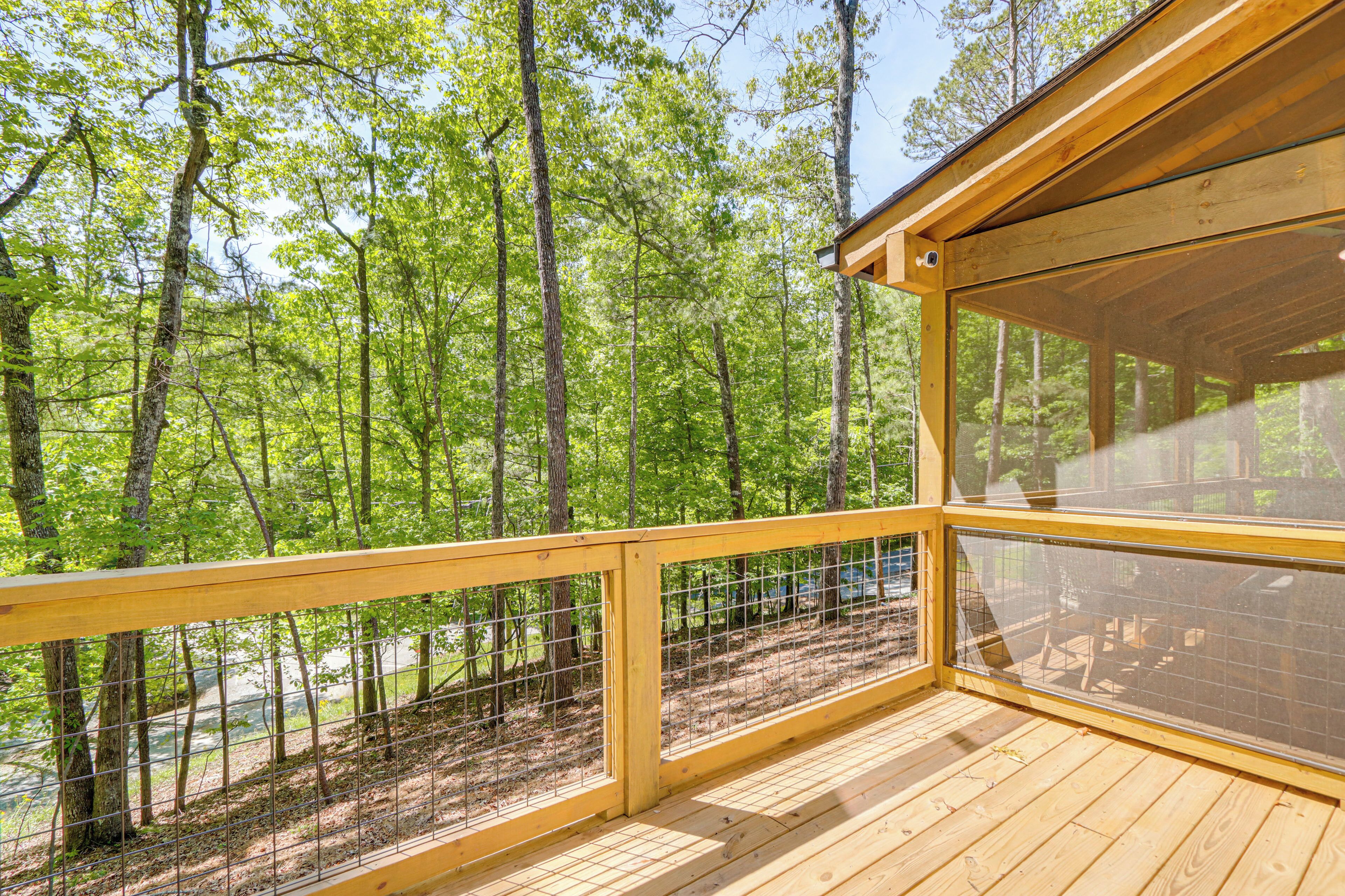 Una terraza de madera con cerramiento de vidrio, rodeada por un bosque.