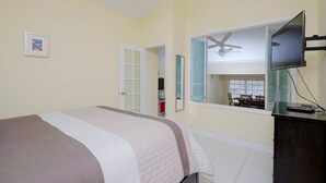 Una habitación de hotel con cama, televisor, ventilador de techo y ventana con vista al exterior.