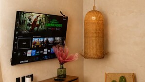 A living room with a flat-screen TV mounted on the wall, a wooden entertainment center, a cactus on a small table, and a woven pendant light. - Olivo Mío Apartment (La Paz)