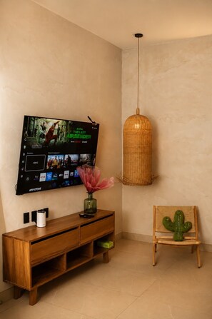 Ein Wohnzimmer mit Flachbildfernseher an der Wand, einer Holzunterhaltungsecke, einem Kaktus auf einem kleinen Tisch und einer gewebten Pendelleuchte.