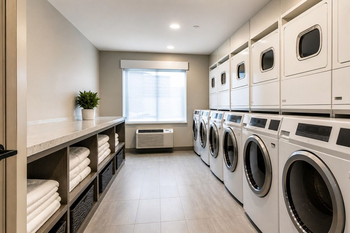 A laundry room with multiple washing machines, a window, and a shelf with folded towels.