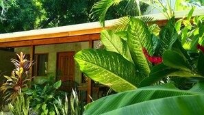 A wooden building with a covered porch, surrounded by lush tropical plants and a variety of greenery. - Cabinas Playa Surf Hostel (Cobano)