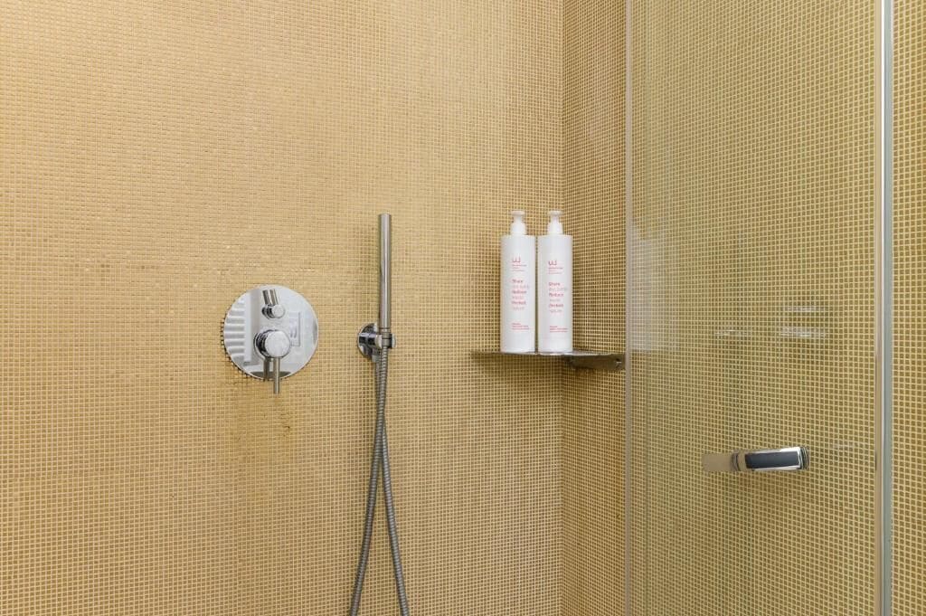 Ein Duschbereich mit Bedienfeld, Handbrause und Ablage für Toilettenartikel.