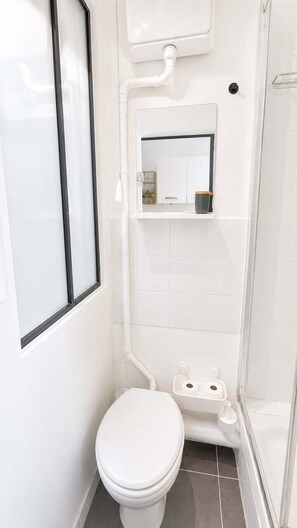 Ein kleines, weißes Badezimmer mit Toilette, Dusche und Spiegel.