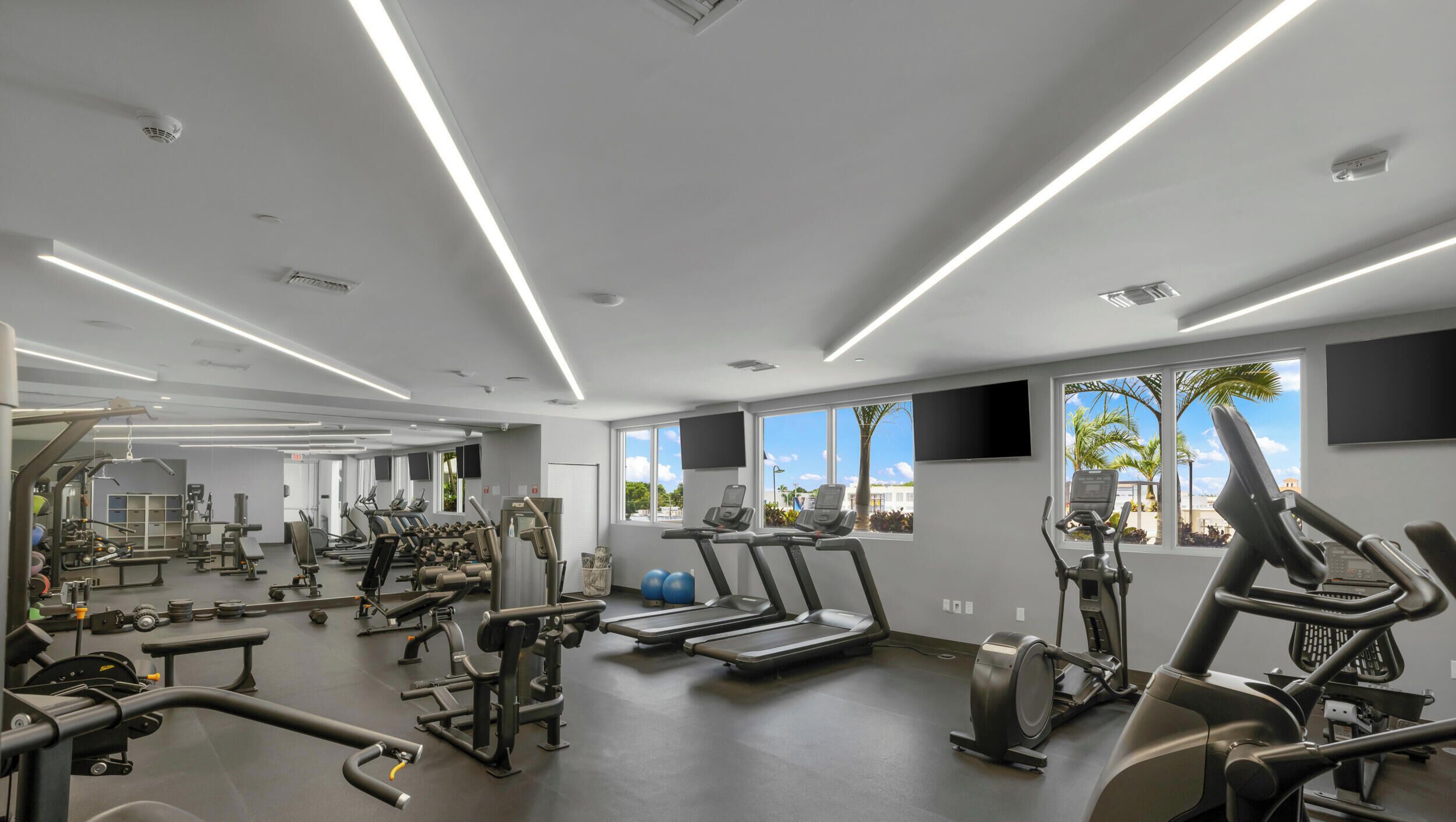 A modern gym with various exercise equipment, large windows, and a view of palm trees.