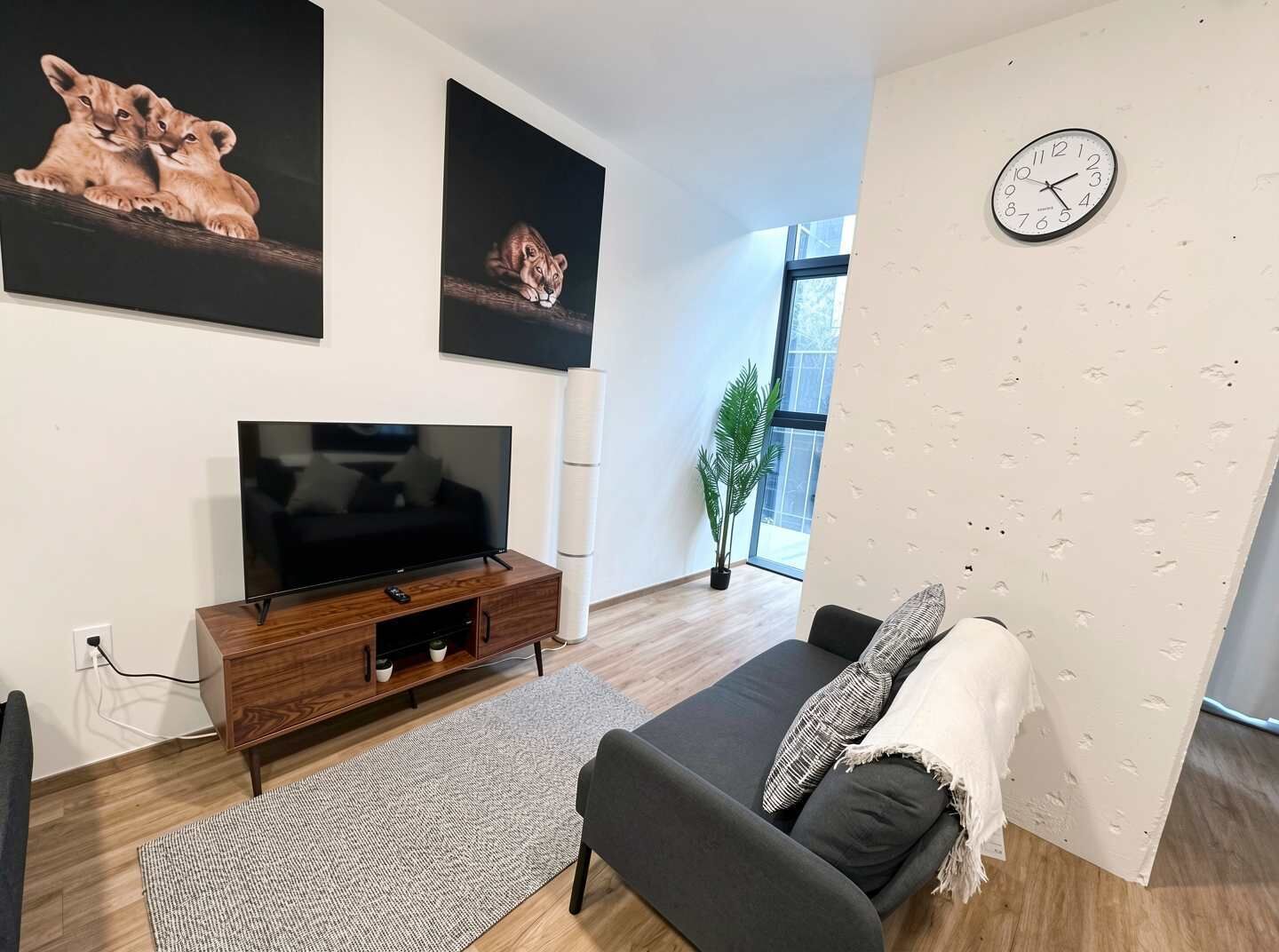 Una sala de estar moderna con un televisor de pantalla plana, un sofá gris, un tapete estampado y obras de arte en las paredes.