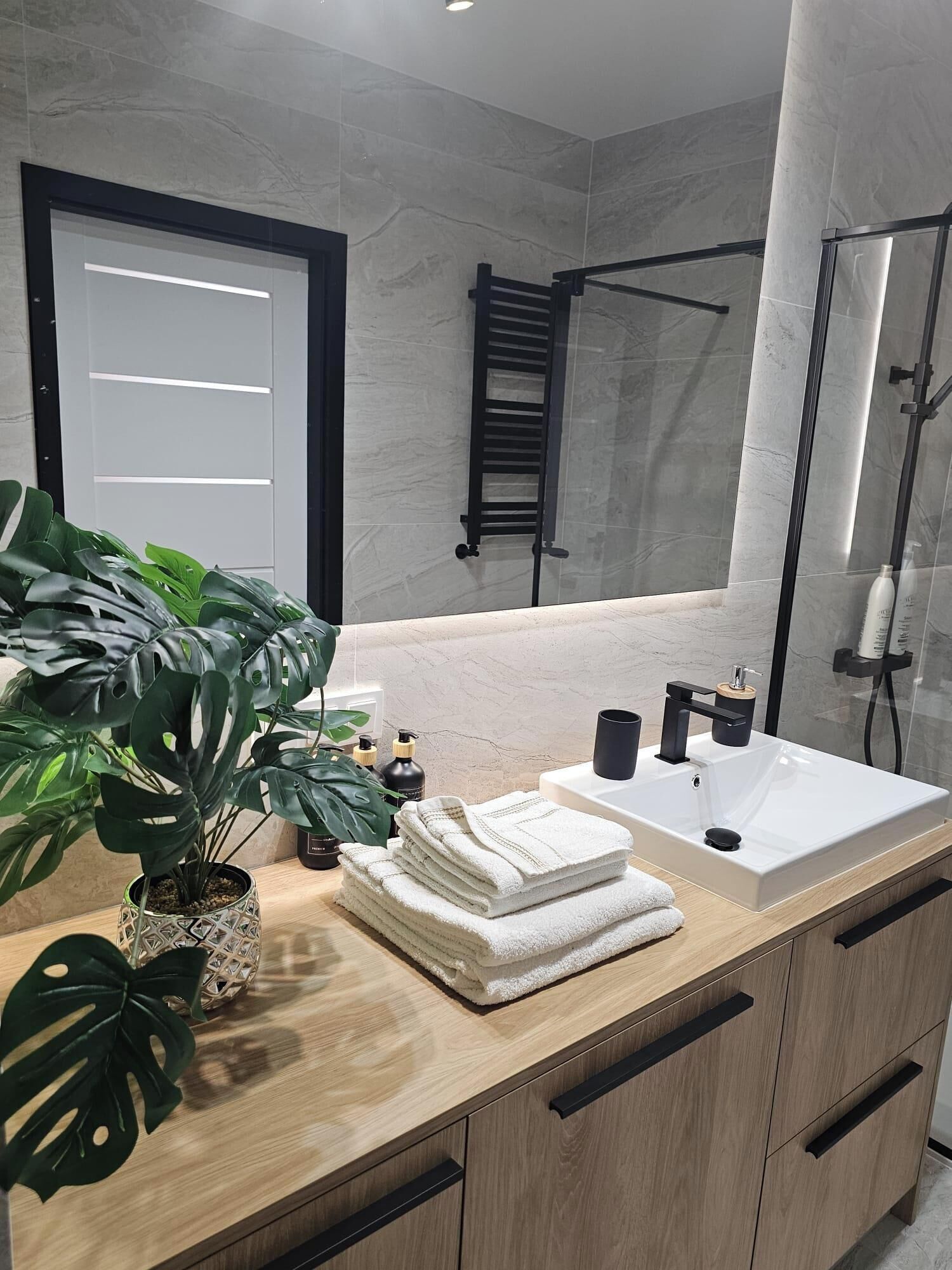 Shower, hair dryer, towels