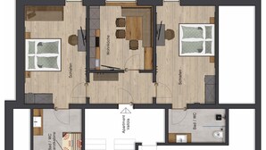 A hotel layout with a living room, dining area, two bedrooms, a bathroom, and a kitchenette. - Maashof (Galtür)
