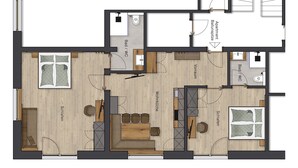 A floor plan of a hotel with a living room, dining area, kitchen, two bedrooms, a bathroom, and a balcony. - Maashof (Galtür)