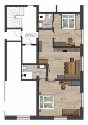 Plano de un hotel que muestra una sala de estar, comedor, dos dormitorios, un baño y un balcón.