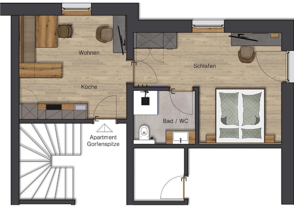 Plano de planta de un hotel que muestra una sala de estar, cocina, comedor, dos dormitorios, un baño y una escalera que lleva a un apartamento.