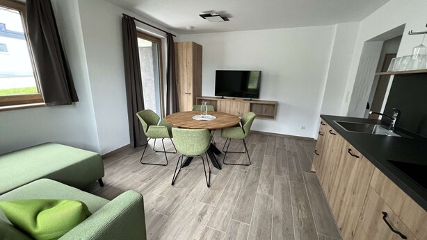 A modern room with a dining table, green chairs, a sofa, a TV, and a kitchen area. - Studler-Eck - Holidays at the most beautiful place in the Tyrol (Oberperfuss)
