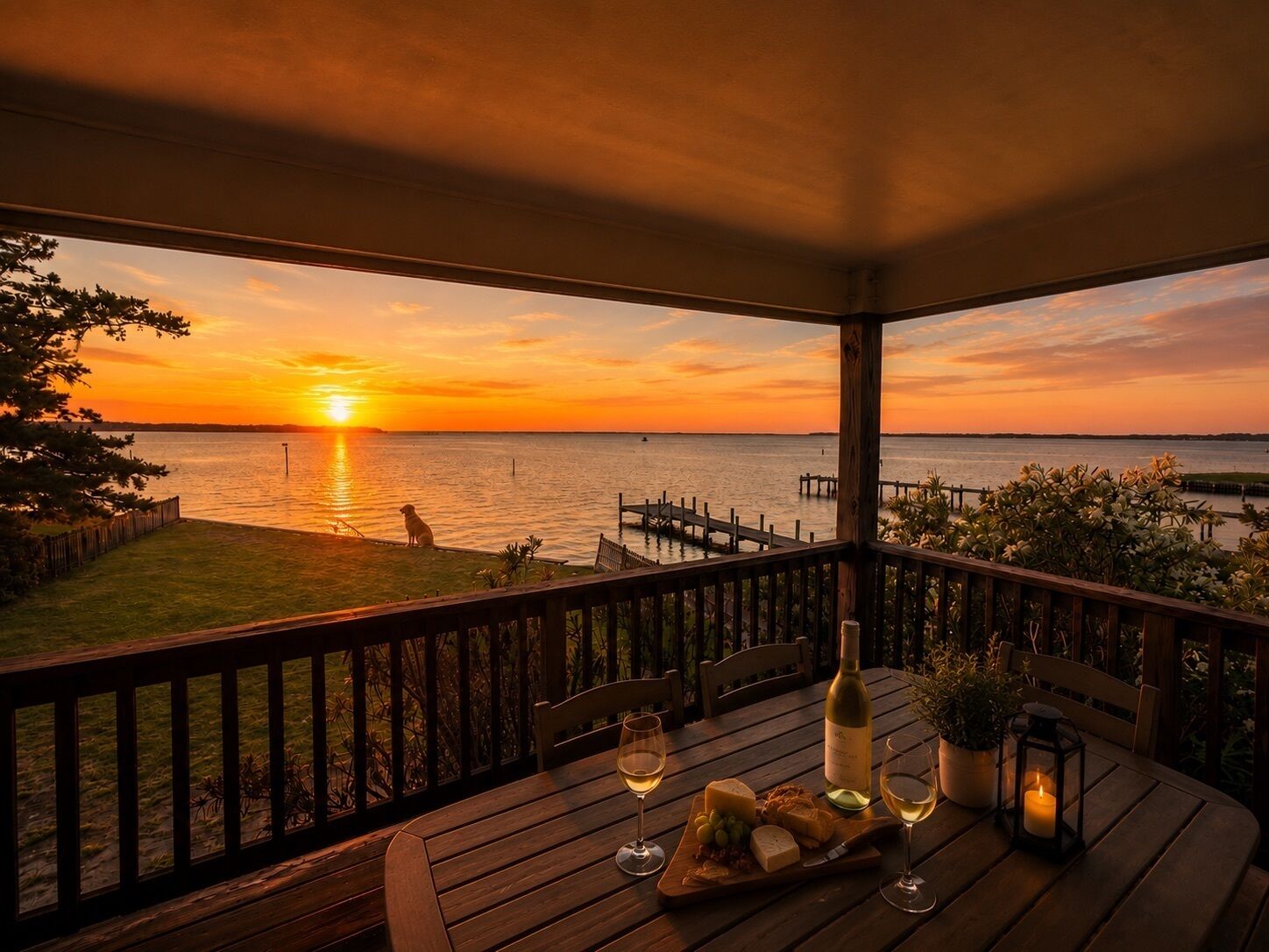 Eine Holzdar Terrasse mit gedecktem Tisch, mit Blick auf einen Sonnenuntergang über dem Wasser.