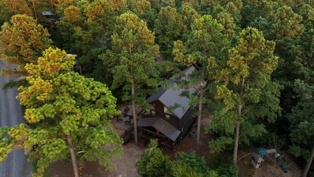 Eine Hütte, umgeben von dichtem Wald, mit einer Terrasse und einer Sitzgelegenheit im Freien.