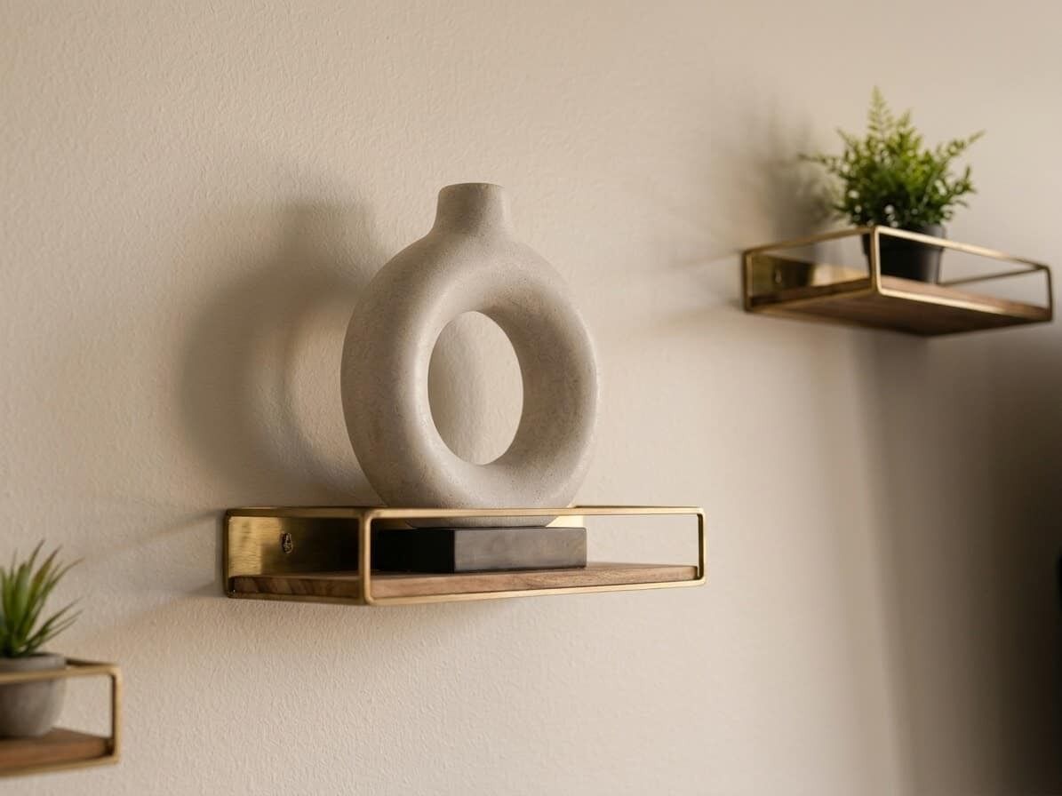 Een plank aan de muur met een vaas en een klein plantje.