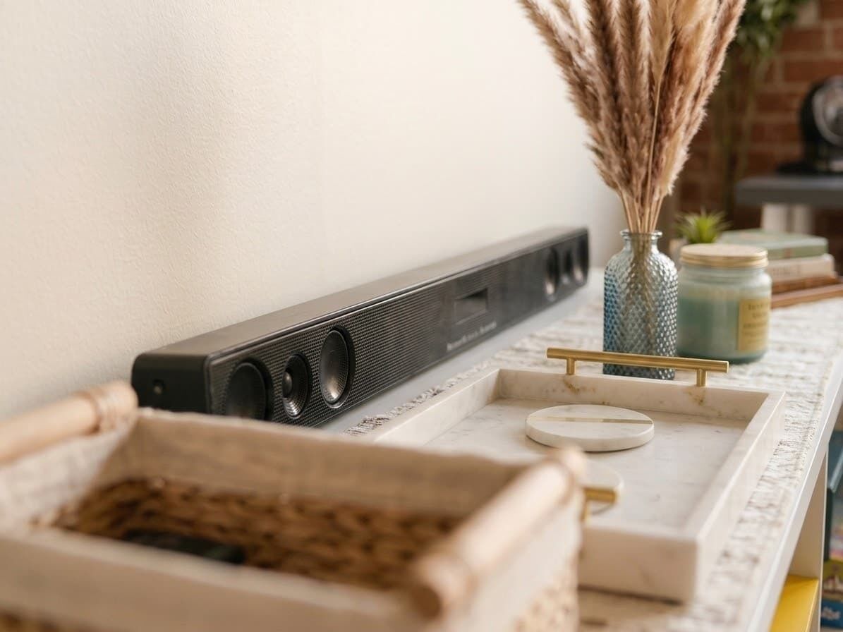 A kitchen counter with a black appliance, a vase with pampas grass, and a marble tray with gold handles.
