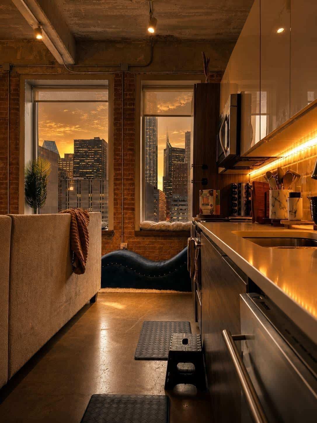 A modern kitchen with a city view, a sofa, and a dining area.