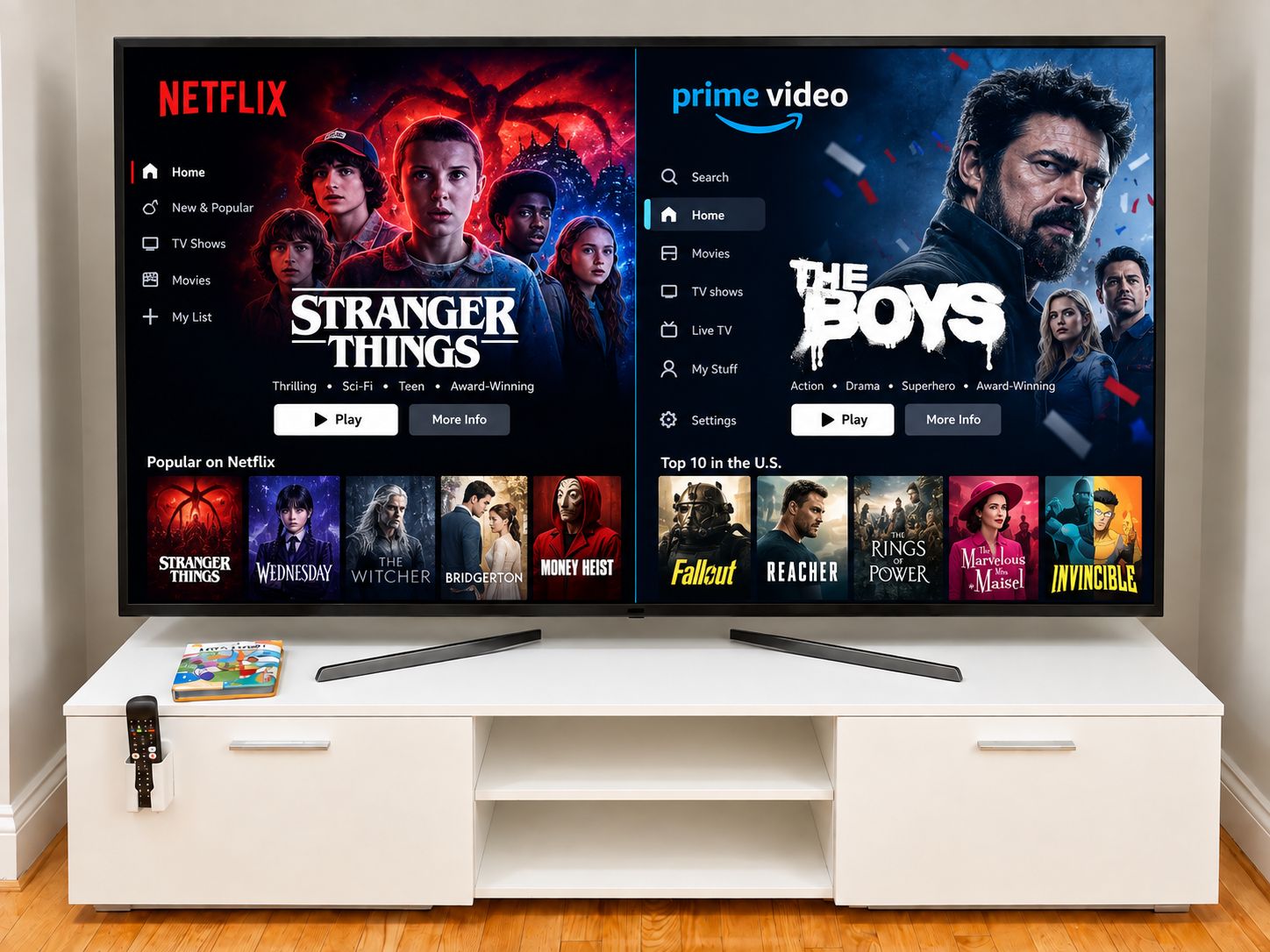 Televisão exibindo as interfaces da Netflix e Prime Video, com diversas opções de filmes.