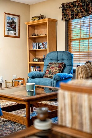 A living room with a blue armchair, a wooden bookshelf, and a patterned window valance. - Lakeside Haven: Boat Dock, Ramp, Games, & MORE! (Sevierville)