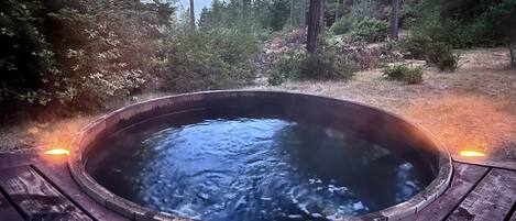 Een hottub omgeven door een houten terras, met een bos als achtergrond.