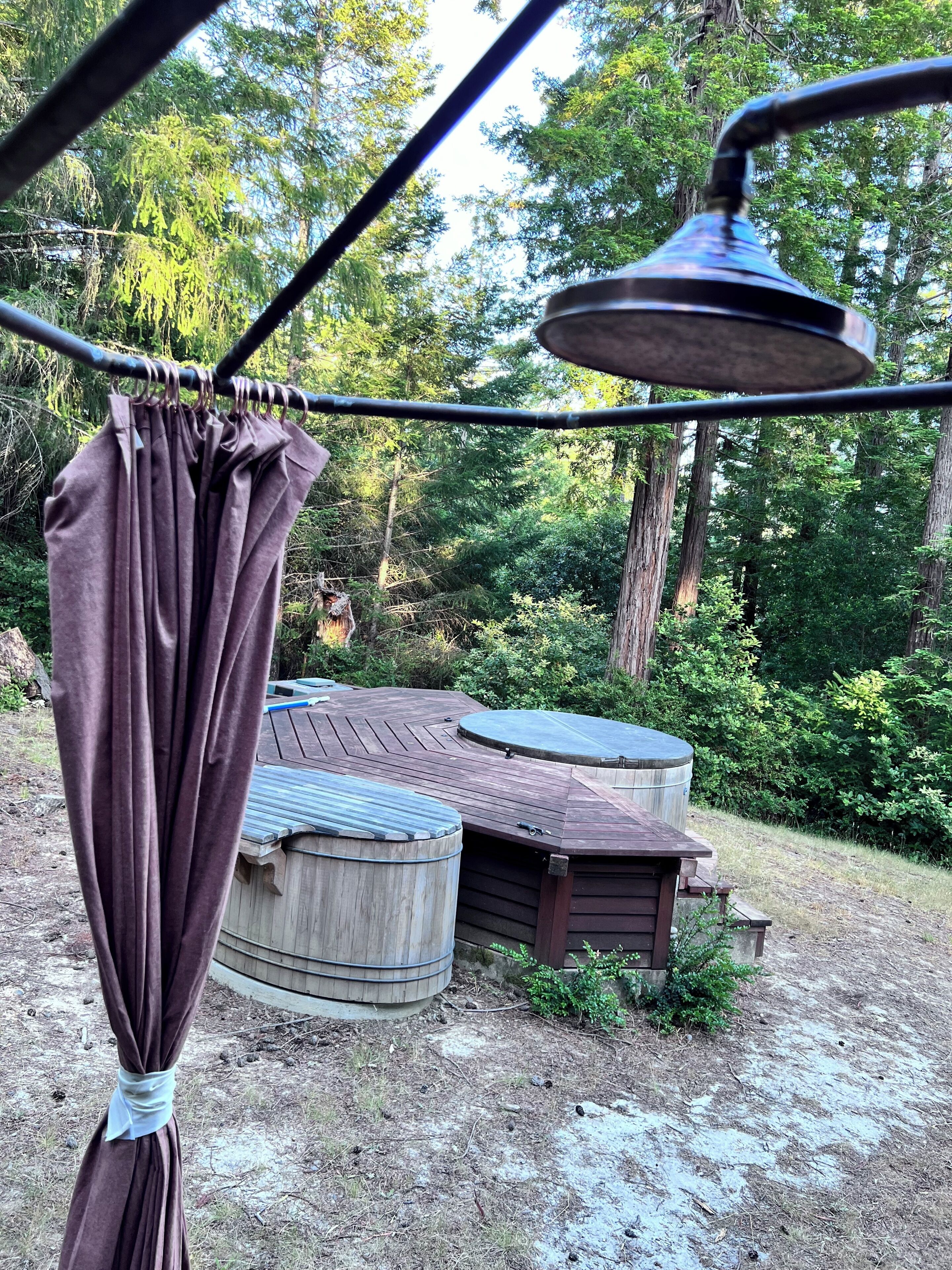 Una terrassa de fusta amb un bany d'hidromassatge, una pèrgola amb cortina i un fons d'un bosc.