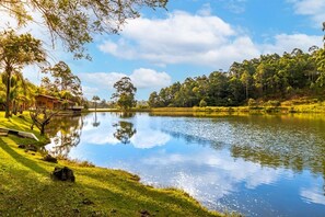 A serene lake with a wooden cabin and lush greenery. - Casa de Campo com Lago Piscinas Jacuzzi e Sauna (Atibaia)