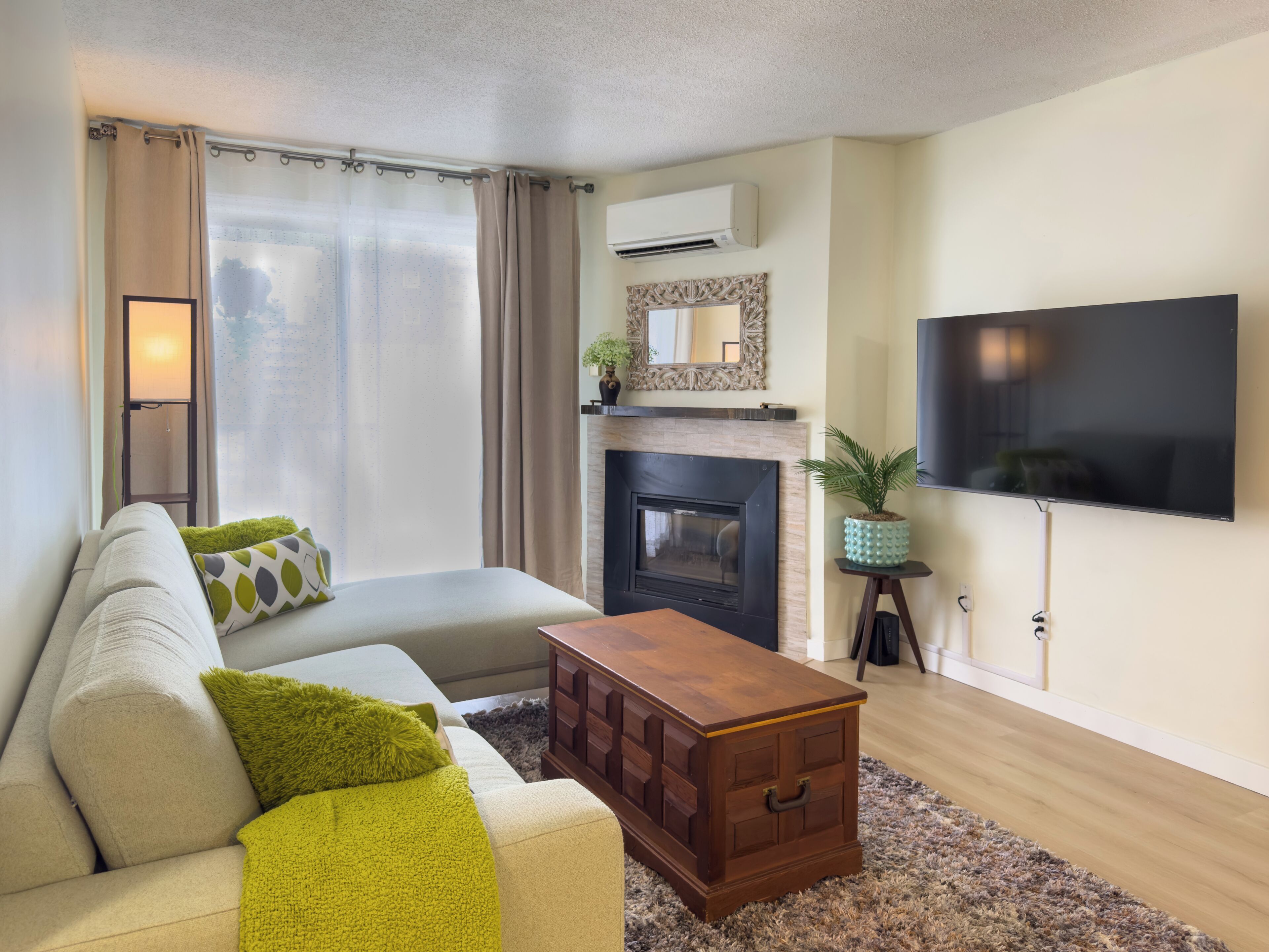 A living room with a sofa, a coffee table, a fireplace, a television, and a small plant.