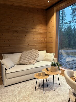 A cozy room with a wooden ceiling, a sofa with cushions, a small round table with a remote control, a candle, and a potted plant.