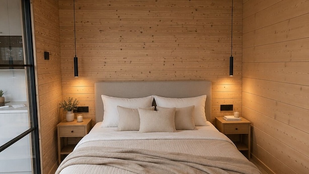 Une chambre moderne avec un plafond en bois, un grand lit recouvert d’une couverture beige, deux tables de chevet avec des lampes et une grande fenêtre.