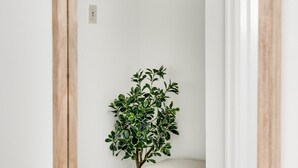 Ein schmaler Flur mit Holzboden, einer weißen Wand und einer Pflanze in der Ecke.